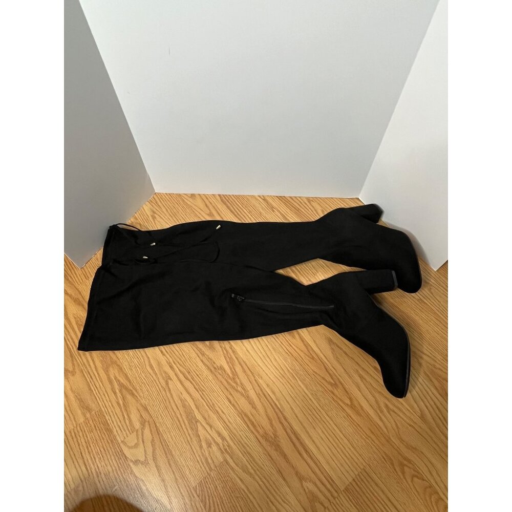 Over-The-Knee Black Suede Boots By Vepose Size 8 Block Heel Side Zipper & Tie Ba